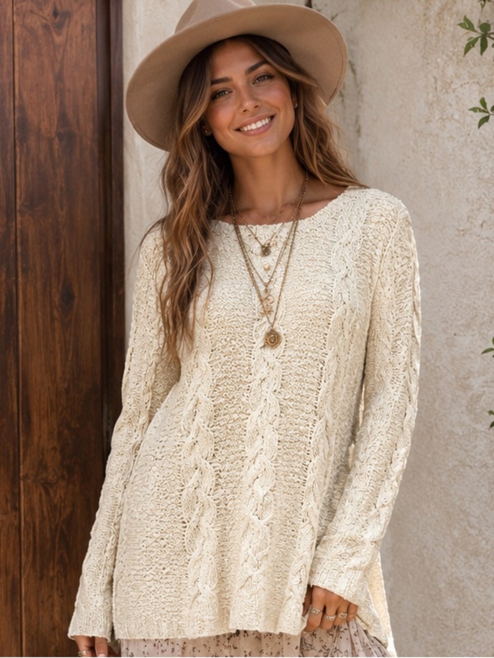 Miracle USA Cream Cable Knit Boho Tunic Sweater S/M NWT